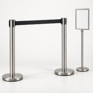 Retractable belt queue barrier posts and sign holder