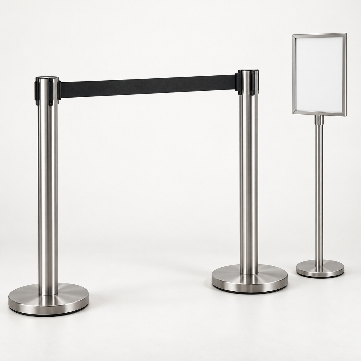 Retractable belt queue barrier posts and sign holder